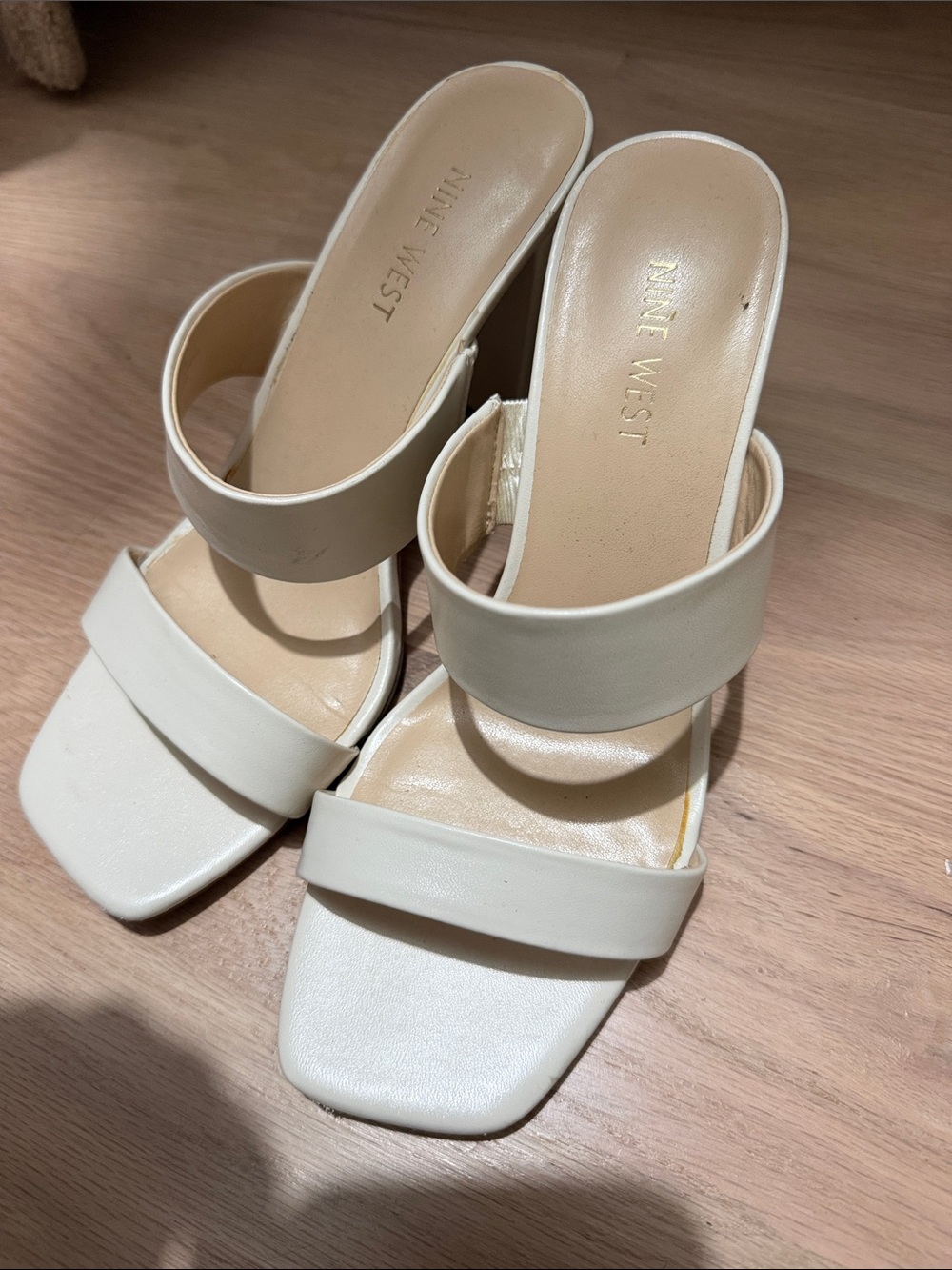Nine West Cream Double-Band Square-Toe Slide Mules